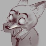  2022 anthro canid canine clothed clothing disney fox greyscale male mammal monochrome necktie nick_wilde open_mouth qupostuv35 sharp_teeth shirt shocked_expression simple_background solo tears_of_pain teary_eyes teeth topwear zootopia 