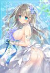  1girl ameto_yuki armpits bare_back bare_shoulders blonde_hair blush bouquet breasts breasts_out bridal_veil bride closed_mouth colored_skin commentary_request covered_nipples dress flower green_hair hair_between_eyes hair_flower hair_ornament jewelry lace lace-trimmed_dress lace_trim large_breasts long_hair looking_at_viewer original pointy_breasts ribbon see-through sideboob skirt sleeveless smile veil very_long_hair wedding_dress white_dress white_skin 