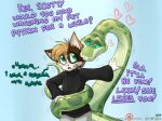 &lt;3 2018 anthro black_clothing black_shirt black_topwear brown_hair calico_cat calico_pattern clothing coiling domestic_cat duo english_text eyewear felid feline felis female feral glasses green_body green_eyes green_scales hair imminent_vore larger_female larger_feral licking male mammal mottled patreon piebald python reptile scales scalie scott_calico shirt size_difference smaller_anthro smaller_male snake text tongue tongue_out topwear worried 