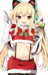  1girl :d animal_ears axent_wear azur_lane bell belt black_legwear blonde_hair breasts cat_ear_headphones christmas concord_(azur_lane) concord_(sweet_christmas)_(azur_lane) cowboy_shot crop_top elbow_gloves fake_animal_ears fang food fork fruit fur_trim gloves headphones highres holding ice_cream jingle_bell long_hair looking_at_viewer medium_breasts midriff miniskirt mole mole_under_eye navel open_mouth pantyhose red_eyes red_shirt red_skirt shirt short_sleeves sidelocks simple_background skirt smile solo standing star-shaped_pupils star_(symbol) stomach strawberry suspenders symbol-shaped_pupils tonari_(ichinichime_azuma) twintails underboob white_background white_gloves wide_sleeves 