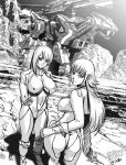 2girls breasts character_request covered_nipples greyscale hair_behind_ear head_tilt highres large_breasts long_hair looking_at_viewer looking_back mecha monochrome mountain multiple_girls pilot_suit popmaru_chuui robot saber_tiger_(zoids) skin_tight sky smile zoids 