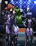  3girls ass asymmetrical_docking blue_hair breast_press breasts fortified_suit green_hair grey_eyes hair_behind_ear hands_on_hips hangar highres kashiwagi_haruko kazama_touko large_breasts long_hair looking_up mecha medium_breasts multiple_girls munakata_misae muvluv muvluv_alternative open_mouth pilot_suit popmaru_chuui red_hair robot short_hair sparkle tactical_surface_fighter type_94_shiranui yuri 