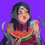  1girl bangs bare_shoulders black_hair breasts eating fingerless_gloves food food_on_face fruit gloves highres irelia large_breasts league_of_legends long_hair nail_polish parted_bangs purple_background qi_mang_(qimang) red_nails seed shiny shiny_skin simple_background solo watermelon 