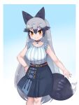  1girl animal_ears aramaru black_fur bracelet breasts brown_eyes choker extra_ears fox_ears fox_girl fox_tail highres huge_breasts jewelry kemono_friends kemono_friends_3 long_hair looking_at_viewer necklace official_alternate_costume shirt silver_fox_(kemono_friends) solo striped striped_shirt tail very_long_hair 