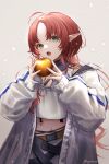  1girl absurdres ahoge apple arknights bangs belt coat commentary crop_top food fruit green_eyes grey_background head_tilt highres holding holding_food holding_fruit long_hair long_sleeves looking_at_viewer midriff mihaia myrtle_(arknights) navel open_clothes open_coat open_mouth pointy_ears red_hair simple_background solo tank_top upper_body very_long_hair white_coat white_tank_top 