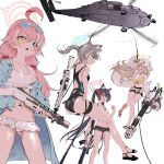  4girls absurdres ahoge assault_rifle benelli_m1 beretta_ar70 bikini bikini_skirt black_bikini black_hair blue_archive blue_eyes breasts closed_eyes collarbone gatling_gun gun halo hat highres hoshino_(swimsuit)_(blue_archive) large_breasts light_brown_hair long_hair medium_hair messy_hair minigun multiple_girls nonomi_(swimsuit)_(blue_archive) one-piece_swimsuit pink_hair ponytail red_eyes rifle ryoma_(rym_369) sandals serika_(swimsuit)_(blue_archive) shiroko_(swimsuit)_(blue_archive) sig_sauer_556 simple_background small_breasts sun_hat swimsuit uh-60_blackhawk weapon white_background yellow_bikini yellow_eyes 