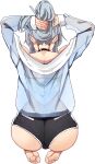  1boy adjusting_hair ass back barefoot choker grey_hair highres jacket male_focus midriff see-through seiza shorts simple_background sitting solo tongkkangi tongkkangi_(streamer) virtual_youtuber white_background wwwazxc 