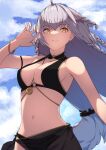  1girl bangs bare_shoulders bikini black_bikini blue_sky braid breasts chienon cleavage collarbone fate/grand_order fate_(series) grey_hair highres jeanne_d&#039;arc_alter_(fate) jeanne_d&#039;arc_alter_(festival_outfit)_(fate) jewelry large_breasts long_hair looking_at_viewer multiple_braids necklace o-ring o-ring_bikini official_alternate_costume quad_braids sarong sky smile solo swimsuit thighs very_long_hair yellow_eyes 