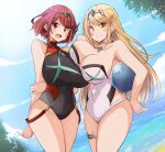  2girls bangs black_swimsuit blonde_hair breasts chest_jewel competition_swimsuit headpiece highres kurokaze_no_sora large_breasts long_hair multiple_girls mythra_(radiant_beach)_(xenoblade) mythra_(xenoblade) one-piece_swimsuit pyra_(pro_swimmer)_(xenoblade) pyra_(xenoblade) red_swimsuit ribbed_swimsuit strapless strapless_swimsuit striped striped_swimsuit swept_bangs swimsuit tiara two-tone_swimsuit vertical-striped_swimsuit vertical_stripes very_long_hair white_swimsuit xenoblade_chronicles_(series) xenoblade_chronicles_2 yellow_eyes 