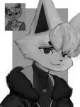  absurd_res anthro bangs black_eyebrows black_nose black_pupils canid canine clothing cold ears_up eyebrows female fur hair hazuki_mikami_(hasukii) hi_res jacket jewelry kemono key_rooki looking_at_viewer mammal monochrome necklace pupils smile smiling_at_viewer solo topwear turtle_neck 