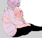  2girls black_pants closed_eyes hug kotonoha_akane long_hair low_twintails multiple_girls mutual_hug on_person pants pink_hair pink_sweater purple_eyes purple_hair purple_sweater short_hair_with_long_locks sitting sweater torigara_cha twintails vocaloid voiceroid waist_hug yuri yuzuki_yukari 