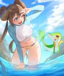  1girl ;d absurdres arm_up bikini bikini_bottom_only blue_eyes blue_sky blush breasts brown_hair cloud day double_bun hair_bun highres leaning_forward long_hair long_sleeves looking_at_another matdoljangin medium_breasts navel no_hat no_headwear one_eye_closed open_mouth outdoors pokemon pokemon_(creature) pokemon_(game) pokemon_bw2 raglan_sleeves rosa_(pokemon) shirt sidelocks sky smile snivy splashing stomach sunlight swimsuit taut_clothes taut_shirt teeth thighs twintails upper_teeth wading water water_drop wet wet_clothes wet_shirt 
