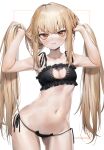  1girl absurdres armpits arms_up bare_arms bare_shoulders black_bra black_panties blonde_hair bra breasts bunching_hair cat_cutout cat_ear_panties cat_lingerie cleavage cleavage_cutout clothing_cutout collarbone commission contrapposto cowboy_shot frilled_bra frills frown girls&#039;_frontline highres long_hair looking_at_viewer meme_attire navel orange_eyes panties poharo second-party_source side-tie_panties sidelocks small_breasts solo spaghetti_strap standing stomach string_panties twintails type_80_(girls&#039;_frontline) underwear underwear_only very_long_hair wavy_mouth 
