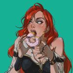  1girl bangs black_nails bracelet breasts cleavage doughnut earrings eating food freckles green_background highres hoop_earrings jewelry large_breasts league_of_legends long_hair messy_hair miss_fortune_(league_of_legends) nail_polish no_hat no_headwear qi_mang_(qimang) red_hair ring shiny shiny_hair sideways_glance simple_background solo tattoo teeth torn_clothes upper_teeth 