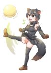  1girl ball black_hair bow bowtie breasts detached_sleeves groin_tendon highres kemono_friends kicking large_breasts leg_up loafers mikan_toshi musical_note panties pantyshot sharp_teeth shoes short_hair smile solo standing standing_on_one_leg tasmanian_devil_(kemono_friends) tasmanian_devil_ears tasmanian_devil_tail teeth thighhighs underwear upskirt 
