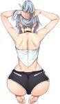  1boy adjusting_hair ass back bare_shoulders barefoot choker grey_hair highres male_focus midriff seiza shorts simple_background sitting solo tongkkangi tongkkangi_(streamer) virtual_youtuber white_background wwwazxc 