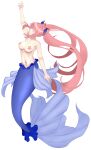  1girl absurdres closed_eyes genshin_impact highres long_hair mermaid monster_girl monsterification navel pasties pink_hair rd_shion reaching revealing_clothes sangonomiya_kokomi star_pasties starfish very_long_hair white_background 