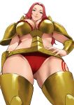  1girl absurdres arm_guards armor armored_boots ass_visible_through_thighs bangs blush boots breastplate breasts character_request cleavage copyright_request from_below gold_armor green_eyes highres large_breasts long_hair looking_at_viewer looking_down panties parted_bangs pauldrons red_hair red_panties shoulder_armor smile solo thighs underwear white_background yoshio_(55level) 