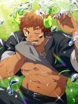  1boy abs animal_ears bara black_pants blush brown_eyes brown_hair cow_boy cow_ears cow_horns dark-skinned_male dark_skin eye_black facial_hair fiery_horns forked_eyebrows gakuran glowing_horns goatee grass hand_up highres horns jewelry large_pectorals light_rays male_focus muscular muscular_male navel necklace nizitarosan one_eye_closed open_mouth pants pectorals school_uniform short_hair smile solo spiked_hair thick_eyebrows tokyo_afterschool_summoners underpec upper_body wakan_tanka water water_drop 