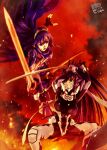  2girls black_gloves blue_hair breasts commission crossover falchion_(fire_emblem) fighting fingerless_gloves fire fire_emblem fire_emblem_awakening floating_hair fortified_suit gloves hair_intakes highres holding holding_sword holding_weapon katana lucina_(fire_emblem) medium_breasts mitsurugi_meiya multiple_girls muvluv muvluv_alternative open_hand pilot_suit ponytail popmaru_chuui skeb_commission smoke squatting sword sword_clash v-shaped_eyebrows weapon 