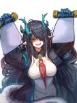  1girl :d arknights arms_up black_coat black_hair breasts coat commentary dress dusk_(arknights) english_commentary hair_over_one_eye highres holding holding_scroll horns large_breasts long_hair looking_at_viewer necktie open_clothes open_coat open_mouth orange_eyes pointy_ears pyramide red_necktie scroll simple_background smile solo tail upper_body very_long_hair white_background white_dress 
