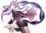  1girl absurdres arknights bandaged_leg bandages black_shorts boots dog_tags from_behind fur-trimmed_jacket fur_trim head_wings highres jacket lyas manticore_(arknights) pink_wings pointy_ears purple_hair scorpion_tail short_shorts shorts tail twintails white_background wings 