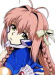  1girl antenna_hair bangs bow braid eyebrows_visible_through_hat fortified_suit green_eyes hair_bow head_tilt kimi_ga_nozomu_eien long_hair looking_at_viewer muvluv muvluv_alternative parted_lips pilot_suit popmaru_chuui portrait side_braid solo suzumiya_haruka white_background yellow_bow 