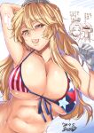  american_flag american_flag_bikini american_flag_print ariga_tou bikini bikini_day blonde_hair blue_eyes breasts cleavage dated flag_print front-tie_bikini front-tie_top gloves iowa_(kancolle) kantai_collection large_breasts long_hair navel signature sweat swimsuit symbol-shaped_pupils t-head_admiral tongue tongue_out 