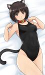  1girl amagami animal_collar animal_ears bangs bell black_swimsuit breasts brown_eyes brown_hair cat_ears cat_tail collar competition_swimsuit covered_navel highres jingle_bell lying one-piece_swimsuit short_hair small_breasts solo swimsuit tachibana_miya tail yoo_tenchi 