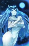  1girl absurdres barcy bare_shoulders beyblade blue_eyes blue_hair blue_skin breasts colored_skin commission dress highres large_breasts long_hair night night_sky open_mouth own_hands_together sky snowflakes solo standing very_long_hair white_dress yuki_onna yuki_onna_(beyblade) 