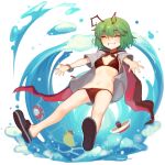  1girl ^_^ bangs bikini black_bikini black_cape black_footwear boa_(brianoa) boat breasts buoy cape closed_eyes facing_viewer full_body green_hair grin highres mystia_lorelei navel open_clothes open_shirt rubber_duck shirt short_hair small_breasts smile solo swimsuit touhou watercraft white_shirt wriggle_nightbug 