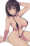  1girl areola_slip arm_behind_head black_hair black_swimsuit blue_eyes blush breasts closed_mouth hand_up highres lamb-oic029 large_breasts long_hair looking_at_viewer navel original simple_background sitting slingshot_swimsuit smile solo swimsuit white_background 