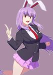  1girl animal_ears bangs black_jacket buttons collared_shirt crescent crescent_pin grey_background highres index_finger_raised jacket kakone long_hair long_sleeves looking_at_viewer necktie one-hour_drawing_challenge open_mouth pleated_skirt purple_hair purple_skirt rabbit_ears red_eyes red_necktie reisen_udongein_inaba shirt simple_background skirt solo touhou upper_body white_legwear white_shirt 