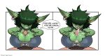  absurd_res big_breasts bodily_fluids breast_play breasts cleavage clothed clothing cum ear_piercing ear_ring female genital_fluids genitals goblin green_body green_hair green_skin hair hair_over_eyes hi_res huge_breasts humanoid male male/female not_furry penis piercing sex titfuck twistingtoxic 