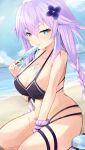  1girl :p absurdres beach bikini bimmy blue_eyes braid breasts choujigen_game_neptune cleavage commentary day english_commentary flower food hair_flower hair_ornament highres large_breasts long_hair looking_at_viewer naughty_face neptune_(series) popsicle purple_bikini purple_hair purple_heart seductive_smile sitting sky smile solo swimsuit tongue tongue_out twin_braids very_long_hair water 