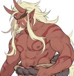  1boy beard blonde_hair bodypaint closed_mouth colored_skin facial_hair genshin_impact highres horns long_hair maiqo male_focus muscular muscular_male nipples oni oni_horns pectorals pointy_ears red_skin simple_background solo topless_male tusks upper_body very_long_fingernails white_background 