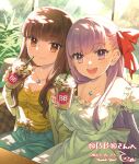 2girls :d bare_shoulders bb_(fate) breasts brown_eyes brown_hair commentary_request cup denim detached_sleeves dress drinking_straw fate/extra fate/extra_ccc fate_(series) frappuccino hair_ribbon highres holding holding_cup jeans jewelry kishinami_hakuno_(female) long_hair looking_at_viewer medium_breasts multiple_girls nail_polish necklace pants purple_eyes purple_hair red_ribbon ribbon shirt signature smile tetsukuzu_tetsuko white_dress yellow_shirt 