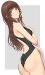  1girl amagami ass bangs blunt_bangs border breasts brown_eyes brown_hair commentary_request competition_swimsuit cowboy_shot from_behind grey_background highres holding holding_towel kamizaki_risa long_hair looking_at_viewer one-piece_swimsuit serizawa_(serizawaroom) small_breasts solo swimsuit towel two-tone_background white_border 