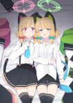  2girls :p animal_ear_headphones bed black_legwear blonde_hair blue_archive blue_necktie bow cat_ear_headphones cat_tail fake_tail green_eyes hair_bow halo handheld_game_console headphones highres hoshino_ouka jacket jacket_removed lying midori_(blue_archive) momoi_(blue_archive) multiple_girls necktie on_back open_mouth pink_eyes pleated_skirt school_uniform shirt shorts siblings skirt tail thighhighs tongue tongue_out twins underwear white_shirt zettai_ryouiki 