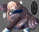  1girl absurdres black_legwear black_panties blonde_hair blue_dress breasts capelet closed_mouth constriction dress earrings hair_behind_ear hairband highres hokutoraoh jewelry large_breasts low_twintails mitsuba_greyvalley open_mouth panties ryona single_earring snake solo strangling super_robot_wars super_robot_wars_30 translation_request triangle_earrings twintails underwear white_capelet white_footwear white_hairband 