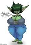 absurd_res big_breasts breasts cleavage clothed clothing ear_piercing ear_ring female goblin green_body green_hair green_skin hair hair_over_eyes hi_res huge_breasts humanoid not_furry piercing twistingtoxic 