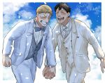  2boys bertolt_hoover black_hair blonde_hair blush bow bowtie closed_eyes cloud confetti fo5_ur grey_vest highres holding_hands husband_and_husband jacket multiple_boys open_clothes open_jacket open_mouth outdoors pants reiner_braun shingeki_no_kyojin short_hair sky smile teeth translation_request vest white_jacket white_pants white_vest yaoi 