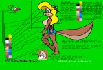  1992 amy_squirrel anthro artist_name barefoot blonde_hair blue_clothing bottomwear breasts brown_body brown_fur brown_nose cassette_player clothed clothing countershade_face countershade_tail countershade_torso countershading digital_media_(artwork) english_text eric_schwartz eyes_closed eyeshadow featureless_breasts feet female fur green_background grey_eyeshadow hair headphones makeup mammal model_sheet pixel_(artwork) plantigrade restricted_palette rodent sciurid simple_background skirt solo tan_body tan_fur text topless tree_squirrel walking 