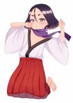  1girl :o atg_(wttoo0202) bangs barefoot black_hair blush commentary_request earrings fuki_(kunoichi_tsubaki_no_mune_no_uchi) full_body gradient_hair grey_eyes hair_between_eyes hakama hands_up highres japanese_clothes jewelry kimono kneeling kunoichi_tsubaki_no_mune_no_uchi looking_at_viewer multicolored_hair off_shoulder parted_bangs parted_lips purple_hair purple_scarf red_hakama scarf short_eyebrows simple_background solo thick_eyebrows white_background white_kimono 