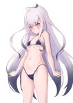  1girl ahoge bangs bare_shoulders bikini black_bikini blush breasts brown_eyes collarbone fairy_knight_lancelot_(fate) fate/grand_order fate_(series) forked_eyebrows highleg highleg_bikini highres jilu long_hair looking_at_viewer navel sidelocks small_breasts solo swimsuit thighs white_hair 