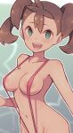  1girl :d areola_slip blush breasts brown_hair character_request green_eyes highres lamb-oic029 large_breasts looking_at_viewer navel pink_swimsuit pokemon round_teeth shauna_(pokemon) slingshot_swimsuit smile solo swimsuit teeth twintails upper_body upper_teeth 