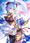  1girl ahoge bangs bare_shoulders bell blue_gloves blue_hair blush breasts brown_bodysuit commentary_request craytm detached_sleeves ganyu_(genshin_impact) genshin_impact gloves hair_between_eyes highres holding holding_sword holding_weapon horns long_hair long_sleeves low_ponytail medium_breasts neck_bell open_mouth ponytail red_eyes solo standing sword very_long_hair weapon white_sleeves 