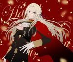  1girl cape closed_mouth edelgard_von_hresvelg fire_emblem fire_emblem:_three_houses garreg_mach_monastery_uniform gloves hair_ornament hair_ribbon highres long_hair long_sleeves looking_at_viewer pantyhose purple_eyes red_cape ribbon simple_background smile solo uniform vo1ez white_hair 