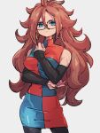  1girl android_21 blue_eyes breasts checkered_clothes checkered_dress closed_mouth dragon_ball dragon_ball_fighterz dress earrings glasses grey_background hoop_earrings jewelry kemachiku looking_at_viewer medium_breasts red_hair simple_background solo 