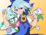  1girl animal_on_arm bangs blue_bow blue_eyes blue_flower blue_hair bow cirno flower frog gradient gradient_background grin hair_bow highres ice ice_wings looking_at_viewer orange_background pink_flower shinmon_akika short_hair short_sleeves smile sunflower tanned_cirno touhou upper_body wings 